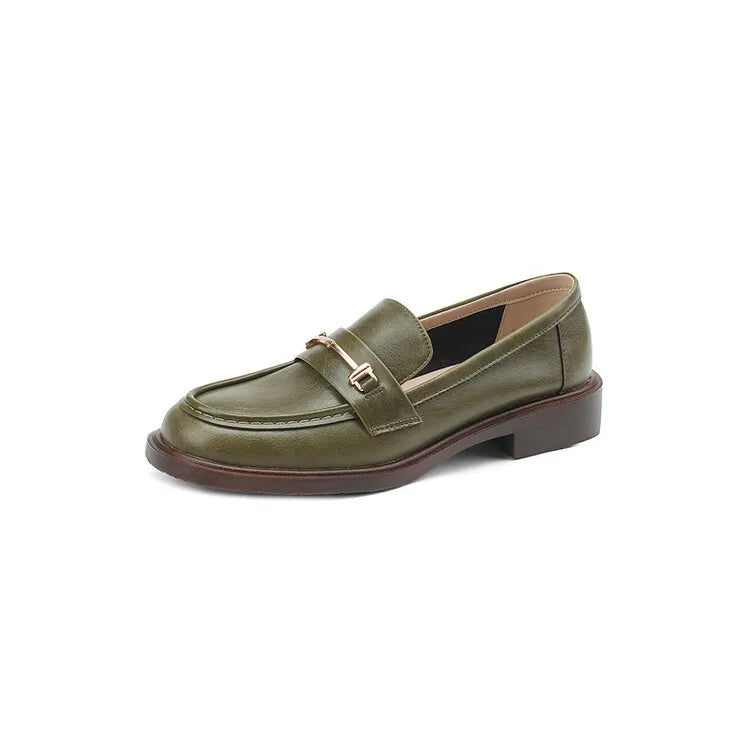 Ochanmeb Natural Leather Loafers Flat Shoes Women Brand Metal Chain Round Toe Slip-ons Flats Ladies Casual Creepers Moccasins 40