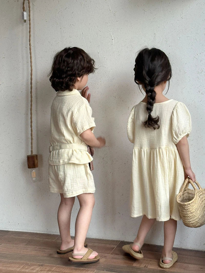 Children's Summer Clothing Set Boys' Short Sleeve Shirt Shorts 2pcs Casual Suit Girls' Solid Color Dress Sister Brother Outfit