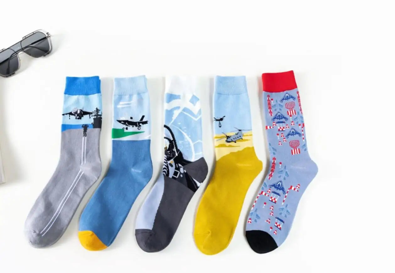 New Fighter Jet Fighter Carrier Aircraft Pattern Socks for Aviation Enthusiasts Stealth Men Crazy Party Crew Socks Cotton