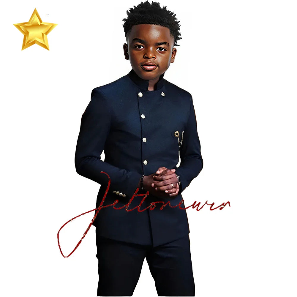 Elegant African Style Boy's Suit Stand Collar Blazer and Pants 2 Piece Casual Business Kids Wear