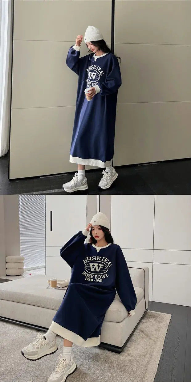 Autumn Winter Fashion Print Letter Fleece Long Dresses Women Round Neck Loose Casual Versatile Warm Simple Long Sleeve Dress