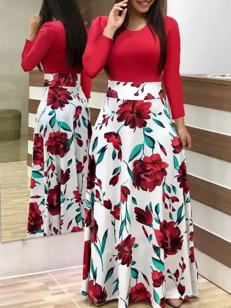 2024 European and American style flower print color matching short sleeved dress for women's large swing skirt BAZAARHUBO