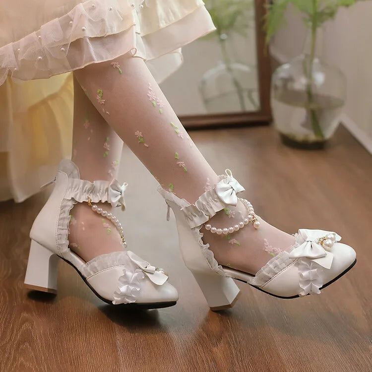 Ochanmeb Sweet Kawaii Girls Lolita Shoes Thick High Heels Cosplay Pumps Bow Knot Pearls Chain Ruffles Lovely Wedding Party Pumps