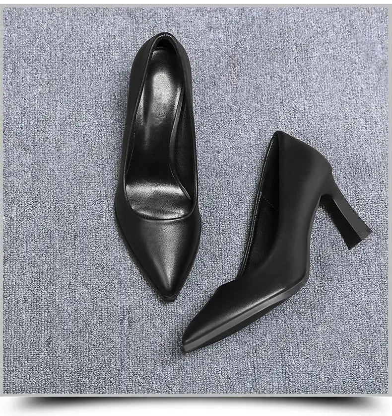 Black Women's Pumps 6-8cm Heel Soft PU Leather Non-slip Single Shoe Professional Interview High Heels Mid Heeled Work Shoes