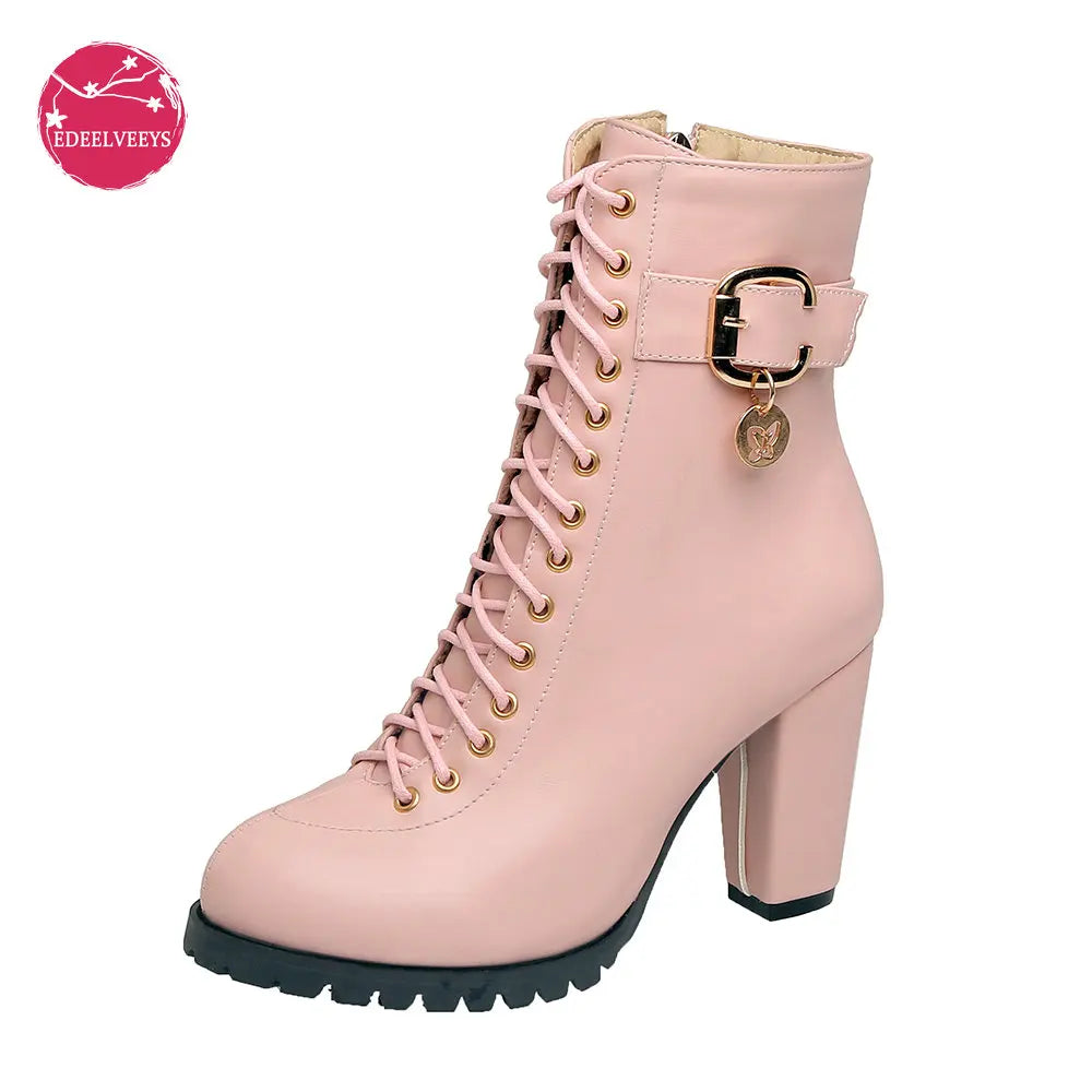 Women's Autumn Lace-Up Chunky Heel Ankle Boots with Belt Buckle Side Zipper High Heels Booties Lace Up Design Classic Lolita