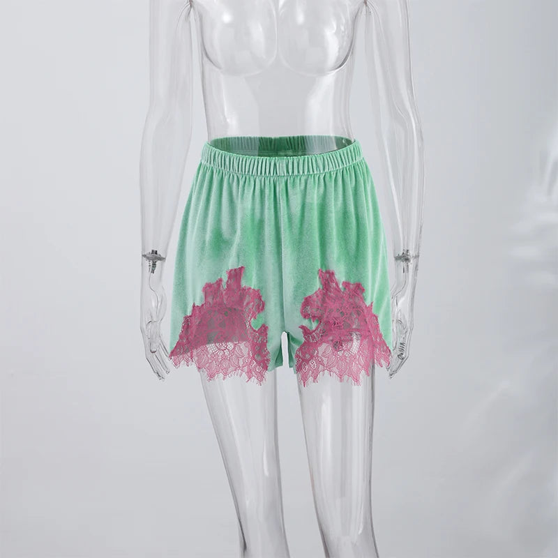 Green Velvet Lace Trim Shorts Women's Casual High-waist Straight Short Pants 2026 New Ladies Summer Vacation Beach Outfit