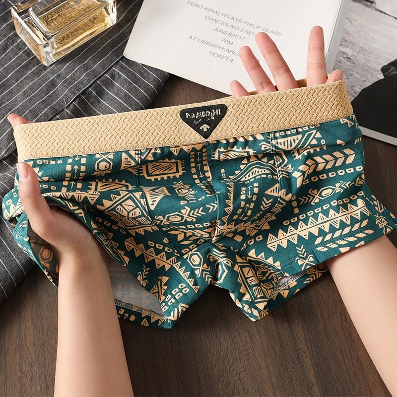 Men's Underwear Is Comfortable and Breathable, with a Trendy American Retro and Ethnic Style. It Is a Men's Mid Rise Shorts