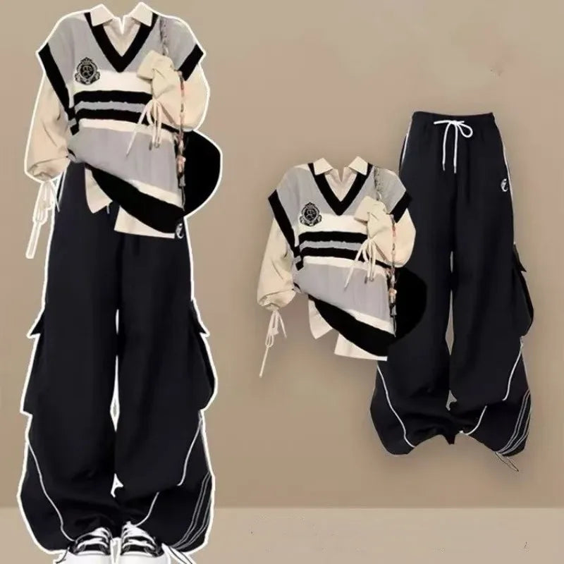 Women's Autumn Winter New Fashion Tracksuit Matching Set Korean Elegant Vintage Knit Vest+Shirt+Casual Cargo Pants 3-piece Suit