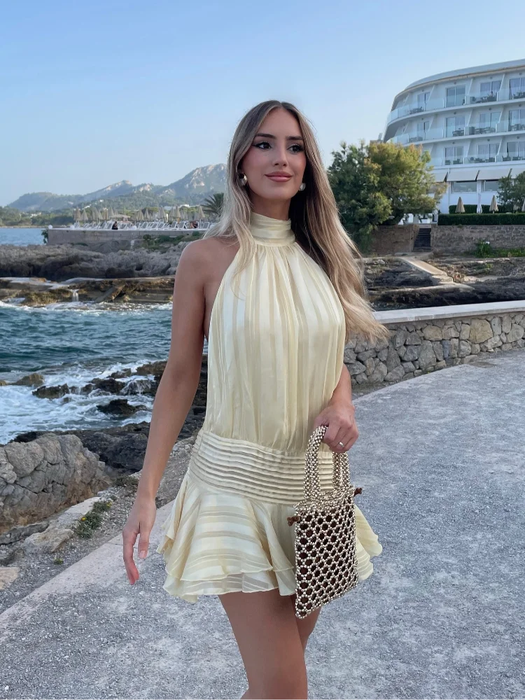 Stunning Shiny Ruffles Lace Up Mini Dress Women's Chic Loose Hollow Out A-line Pleated Vestidos 2026 New Lady Summer Party Gowns