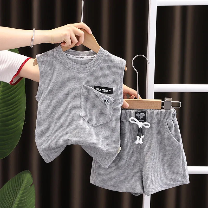 Fashion Casual Kids Boy Summer Vest+Shorts Two Pieces Clothes Set Children Soft Cotton Sports Casual Suits 1-5 Years