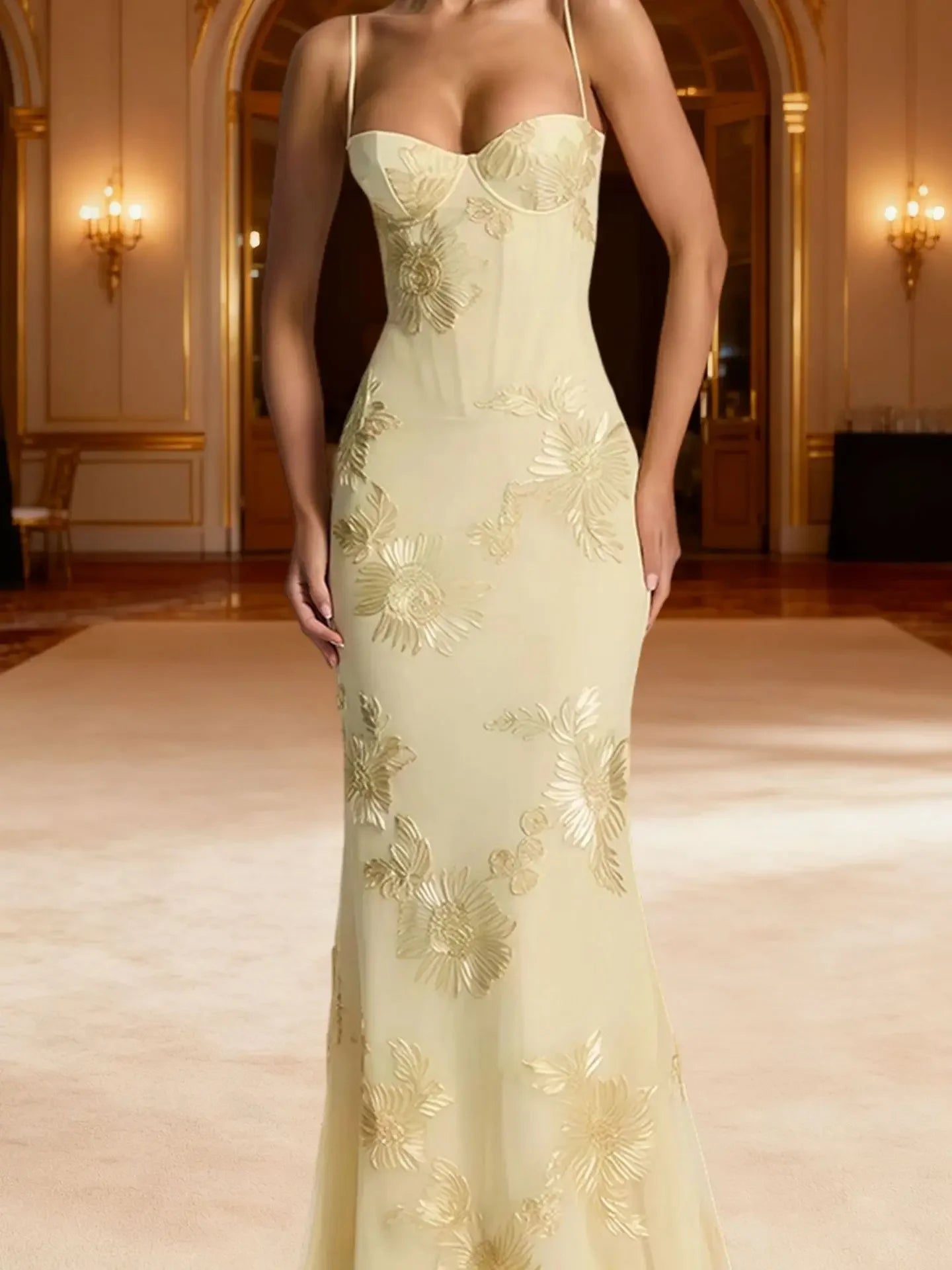 Elegant Women 3d Embroidery Floral Long Dress Women Backless Cross Tied Spaghetti Strap Robe Slim Floor Length Evening Dresses
