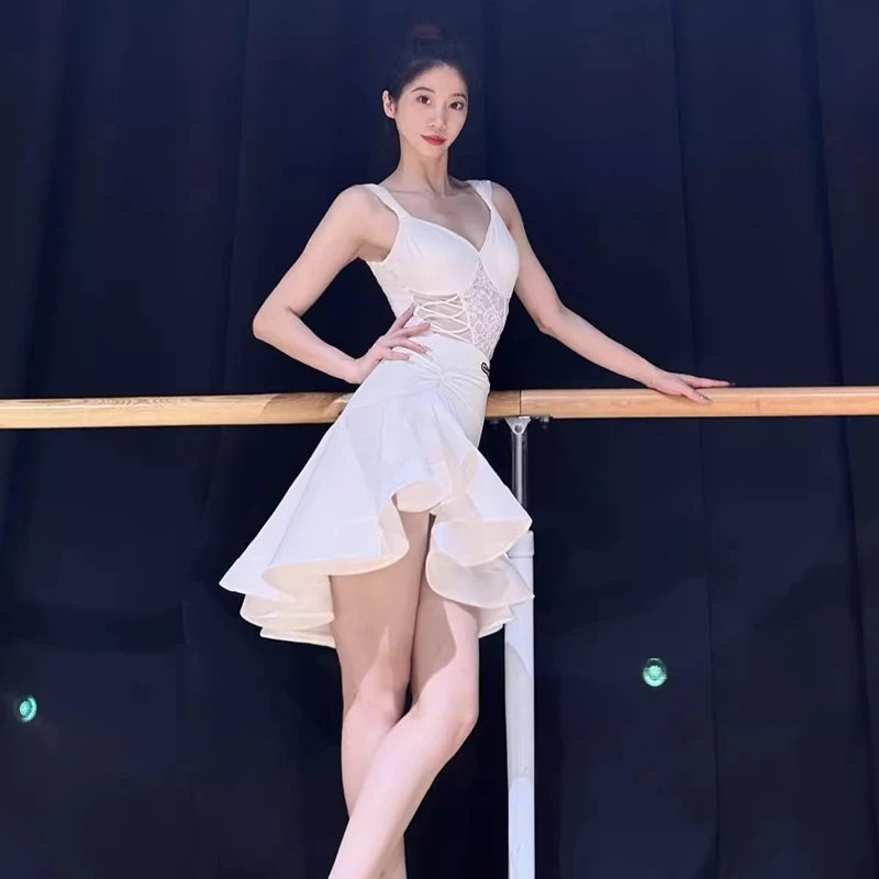 Women Latin Dance Dress Outfits Lace Bra Jumpsuits Tops Ruffled Skirt Adult Female Dance Competition Stage Performance Costumes