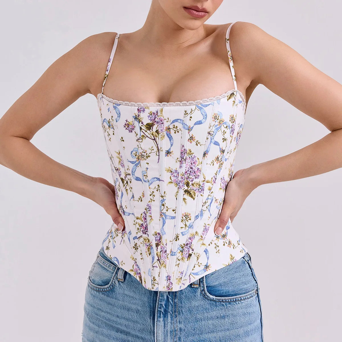 Suninheart Summer Corset Top Sexy 2025 Floral Print Camisole Vest for Women Backless Slim Fit Drawstring Top for Night Club