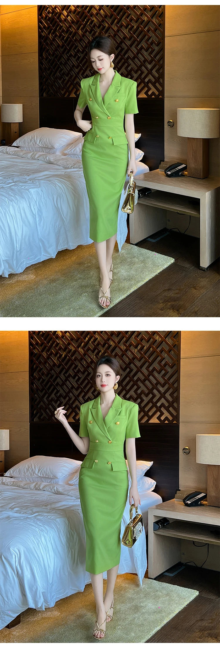 Elegant Office Lady Classic Business Formal Pencil Dress Women Clothes Blazer Commute Short Sleeve High Waist Slim Midi Vestidos