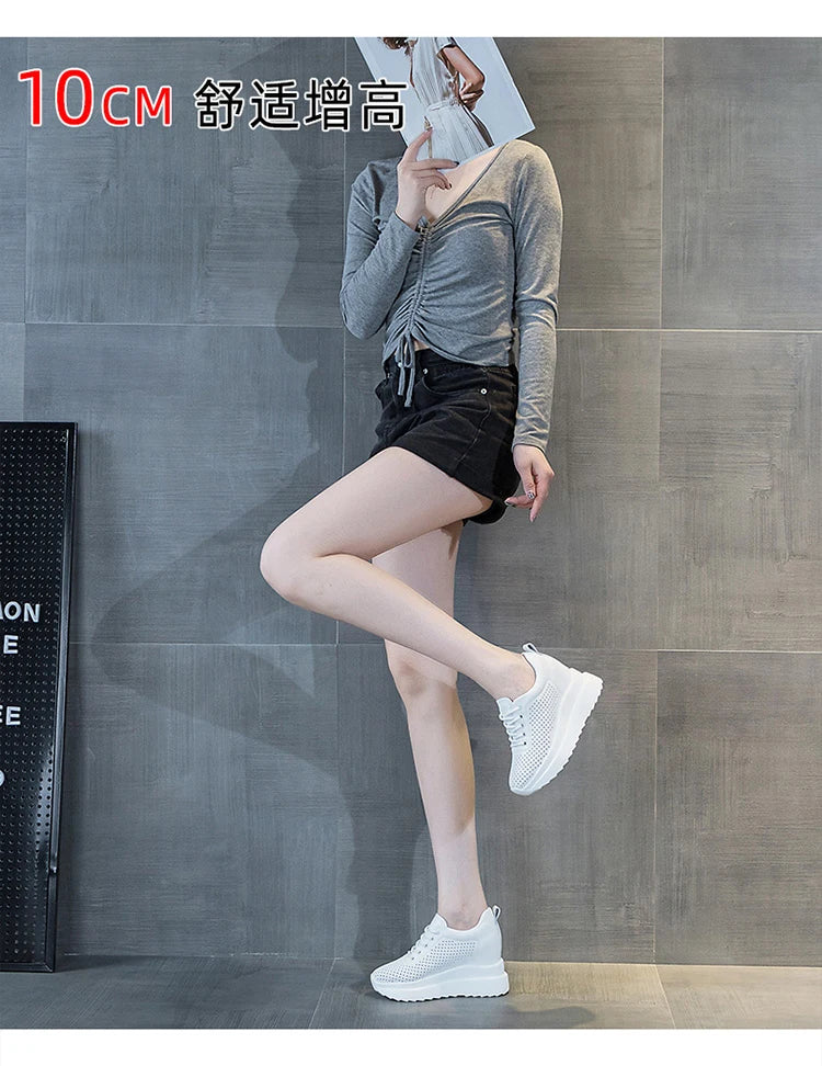 10cm Genuine Leather Women Vulcanize Women Summer Hidden High Heels Platform Wedge Spring Autumn Chunky Sneakers Shoes