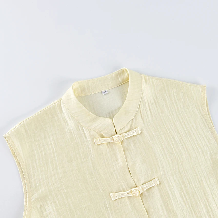 Linad Vintage Chinese Knot Stand Collar Vest Female Street  Apricot Stand Collar Tank Tops Summer Casual Sleeveless Tops 2026