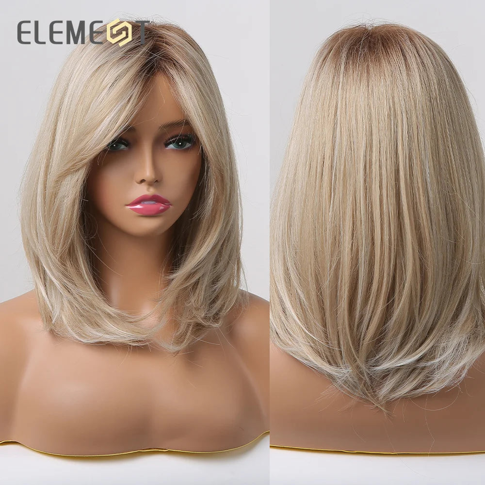 ELEMENT Synthetic Wig Medium Wavy Hair Ombre Brown Blonde Wigs for Women Daily Party Cool Heat Resistant Breathable Headband