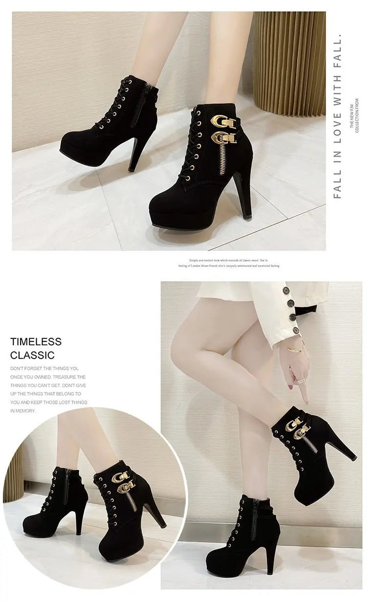 Women High Heels Stiletto Ankle Boots 2025 Autumn Fashion Lace-up Side Zipper Boots Female Platform Solid Color Short Booties