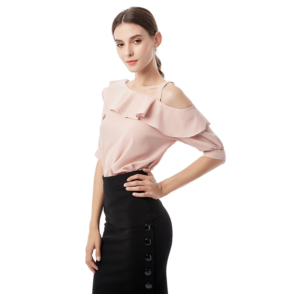 Women's One Shoulder Ruffles Chiffon Blouse Shirt Short Sleeve Pullover Acetate