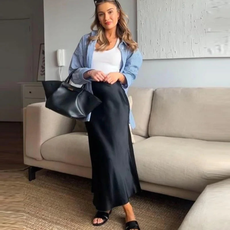 HXAO 2025 Skirts For Women Black Satin Skirt Summer Elegant Women's Midi Skirts High Waist Smooth Skirts Green Flare Skirt 088
