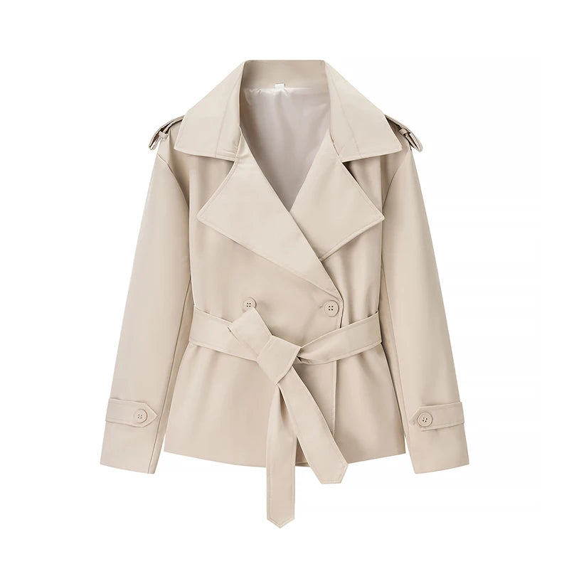 Lace Up Cropped Trench Coat Fashion Women Lapel Long Sleeves Wide Shoulder Windbreaker Jacket Lady 2026 Spring Commuting Outwear