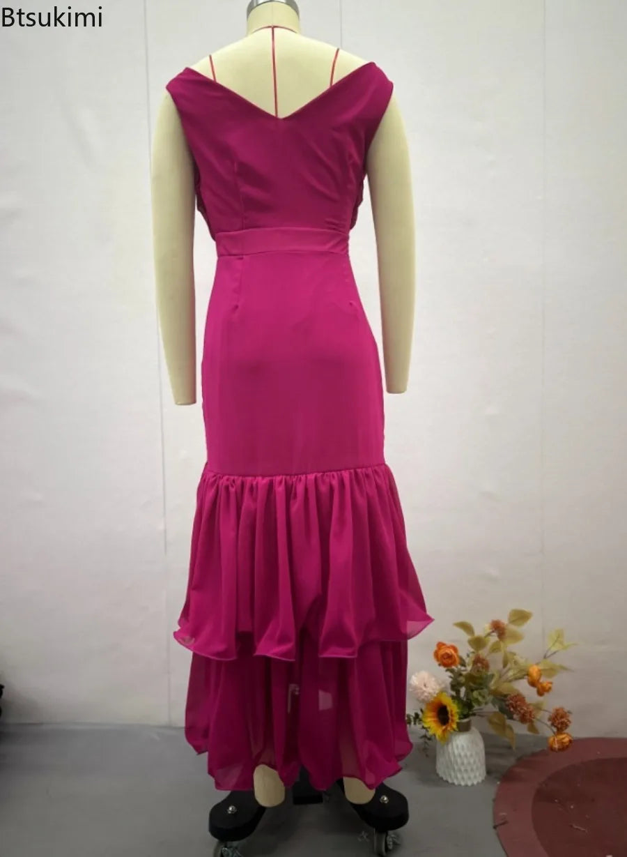 2026 New Women's Sexy Dress Sweet Style Solid High Waist Ruched V-Neck Sleeveless Summer Fashion Ruffle Elegant Party Long Dress