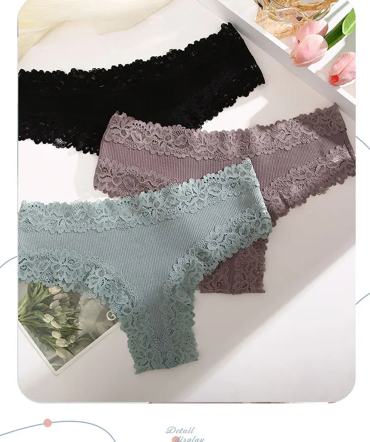 3Pcs/Set Sexy Lace Briefs Cotton Panties Women's Fashion 7 Solid Color Comfortable Briefs Low Waist Underpants Stretch Underwear