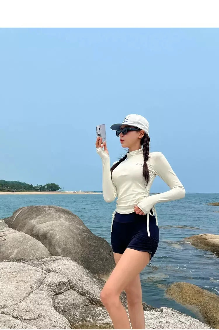 Swimwear Sports Style Long Sleeved Sunscreen Fashion Two-piece Set Women Conservative Slimming Effect Drawstring Flat Corner