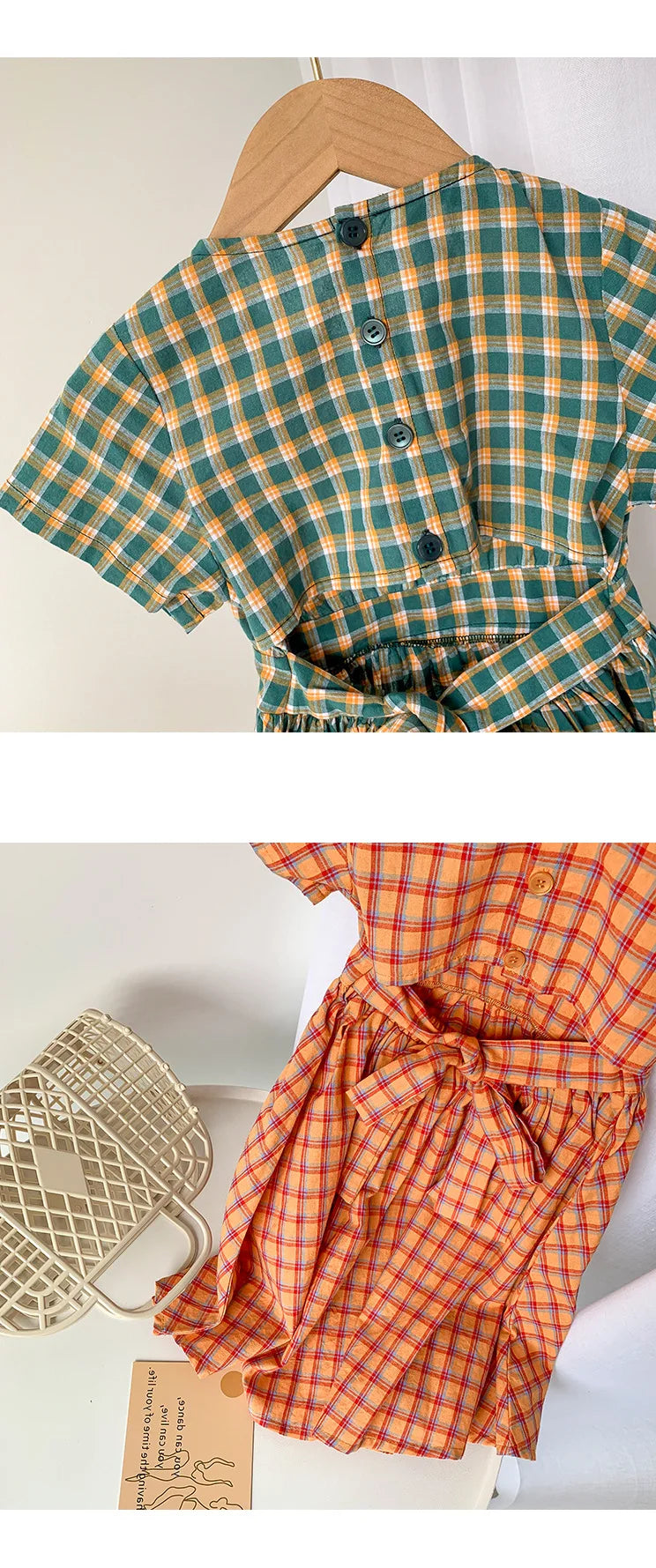 Summer Casual Baby and Girls Cotton Plaid Single-Breasted Short-Sleeved Lace Up Back Dress Kids Lovely Outfit Clothing 2-8 Years