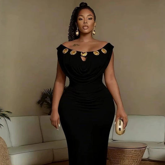 African Women Red Draped Off Shoulder Formal Dress Plus Size Cutout Gold Embellished Ruched Bodycon Floor Length Party Maxi Gown