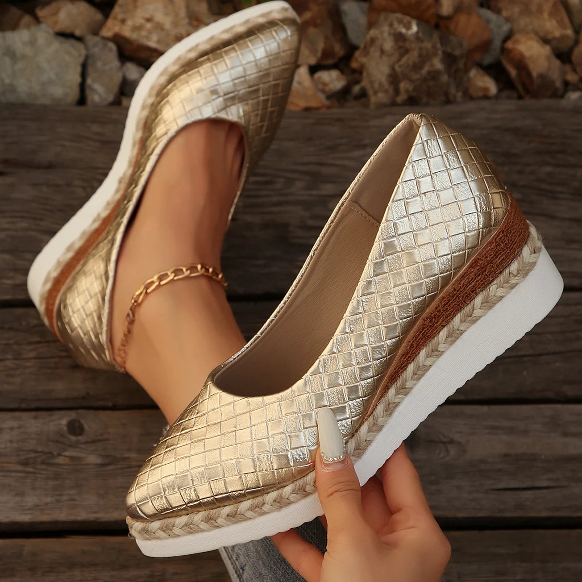 2025 New High Heels Pointed Toe Comfortable High-Heeled Shoes Ladies Shallow Mouth Lace-Up Clogs Wedge Platform Women Sneakers