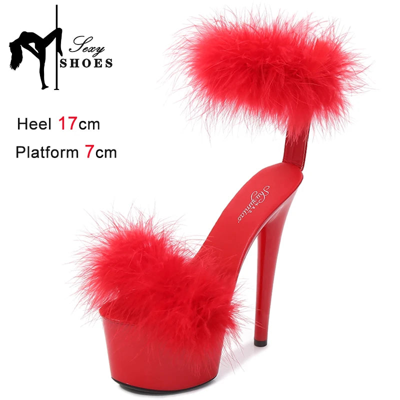 17CM Fur Womens Party Shoes Fashion 2023 Summer Sexy Exquisite Open Toe Ladies Shoes Female Stiletto Super High Heel Sandals
