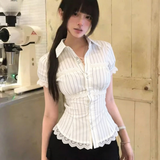 Japanese Kawaii Blouse Women White Striped Puff Sleeve Women Casual Top Y2K Vintage Harajuku Sweet Subculture 2026 Summer Tops