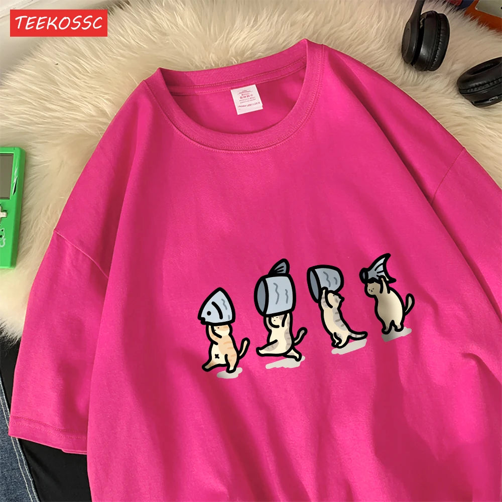 Four Little Cats Holding Fishcotton Women T-Shirts Cartoons Prints T Shirts Soft O-Neck Loose Short Sleeve Tops Summer Clothes