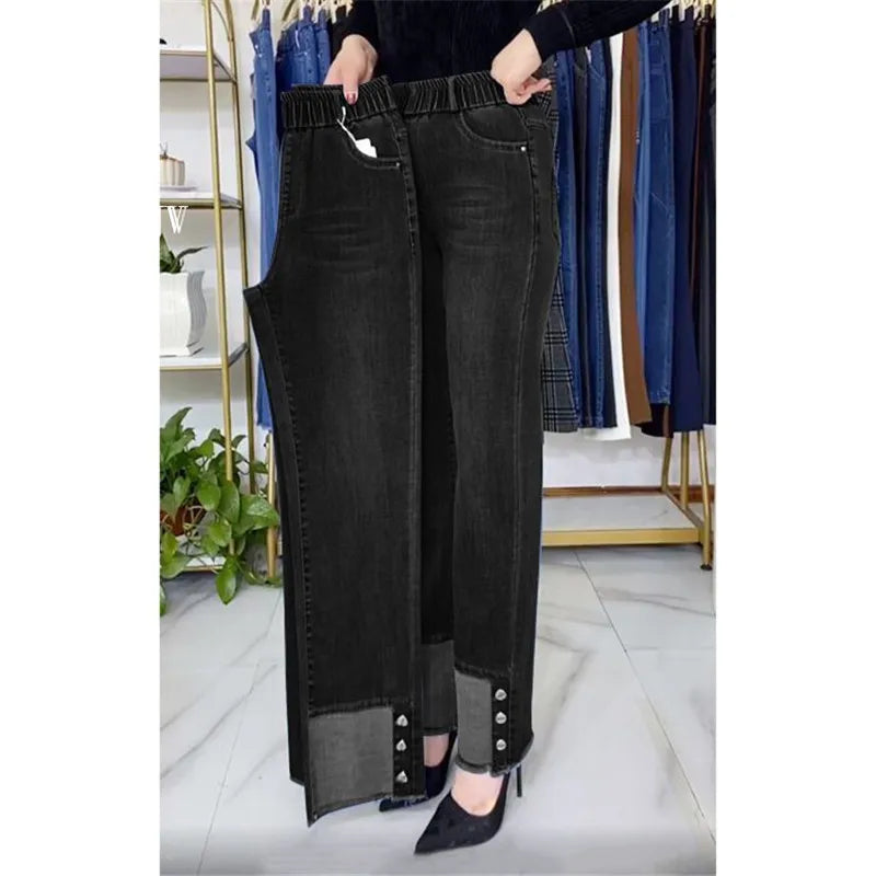Plus Size Middle Aged Womens Jeans Elastic Waist High Waist Loose Denim Pants