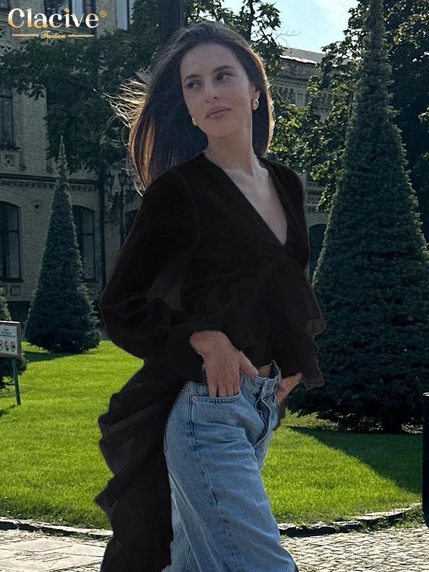Clacive Sexy Loose White Women's Shirt 2025 Fashion V-Neck Long Sleeve Shirts Elegant Ruffle Irregular Top Female Clothing