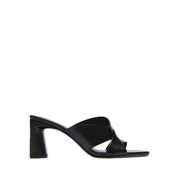 Summer new women's shoes brown black thick-heeled cow leather sandals square toe cross with open toe back high heels slippers