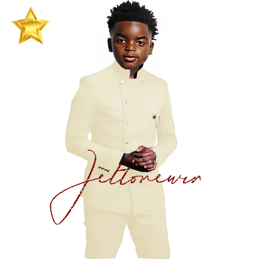 Elegant African Style Boy's Suit Stand Collar Blazer and Pants 2 Piece Casual Business Kids Wear