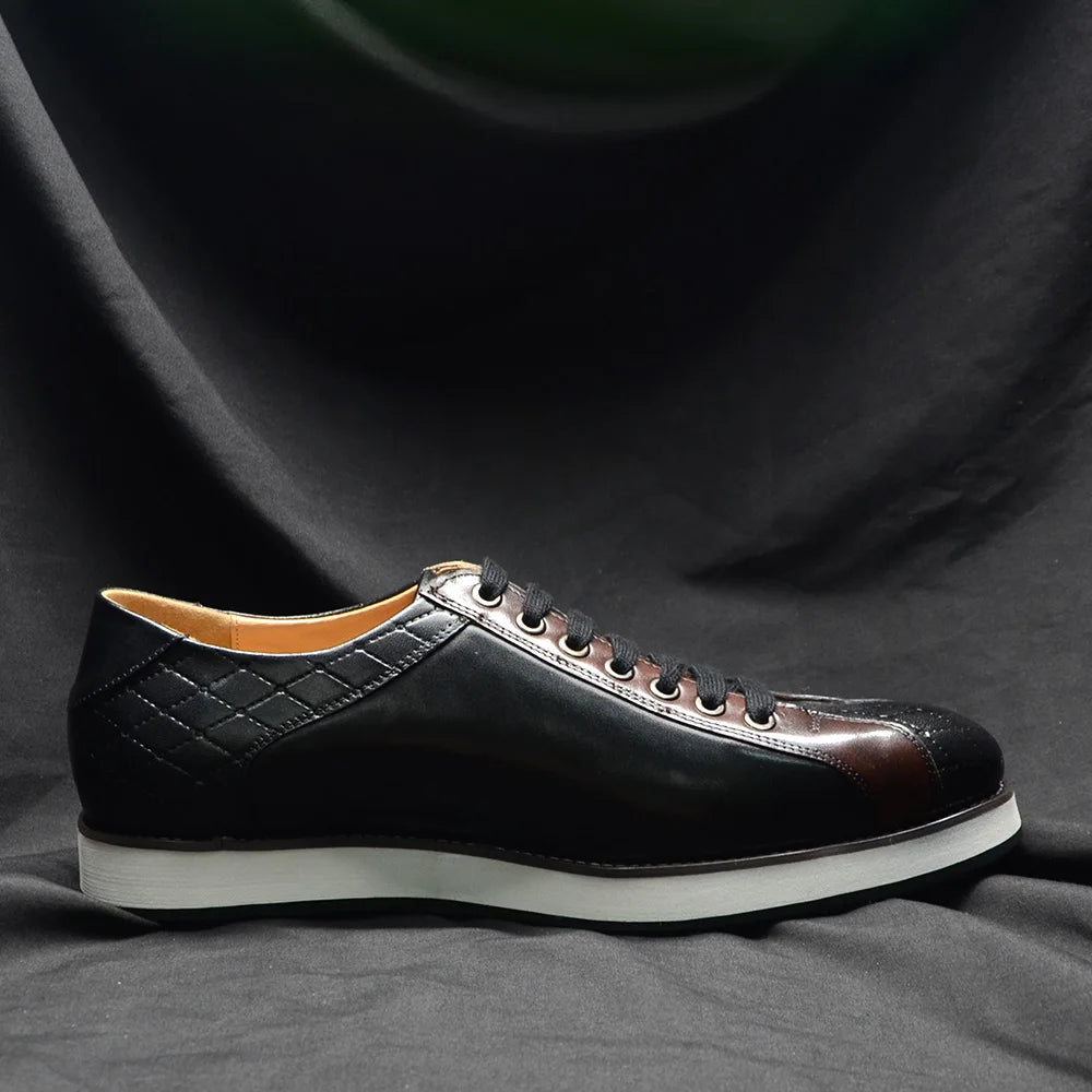 European Style Genuine Leather Men's Casual Shoes Luxury Plaid Business Social Black Flat Lace-Up Sneaker Shoes for Man