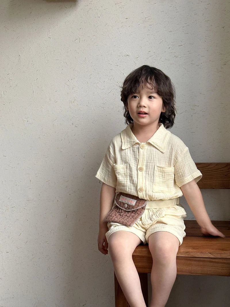 Children's Summer Clothing Set Boys' Short Sleeve Shirt Shorts 2pcs Casual Suit Girls' Solid Color Dress Sister Brother Outfit