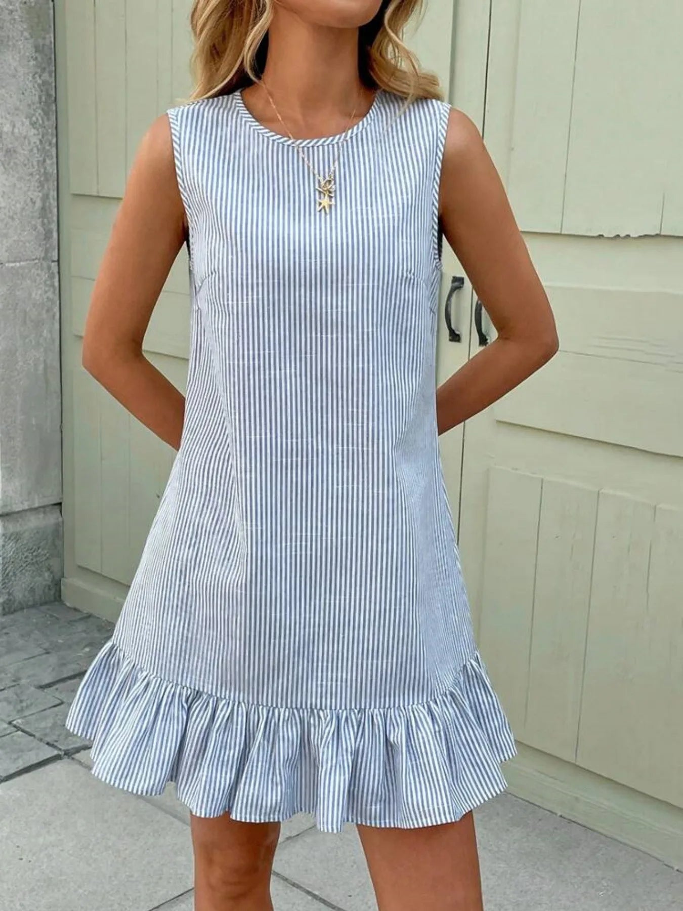 Casual Ruffle  Dress Striped Sleeveless City Commute Summer Fashion Ladies' H-Style Loose Fit round Neckline Polyester