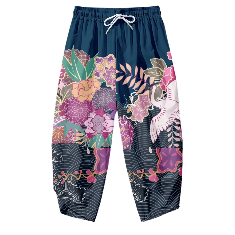 Men Yukata Style Harajuku Cardigan Traditional Japanese Great Wave of Kanagawa Crane Printed Trousers Asian Costume Kimono Pants