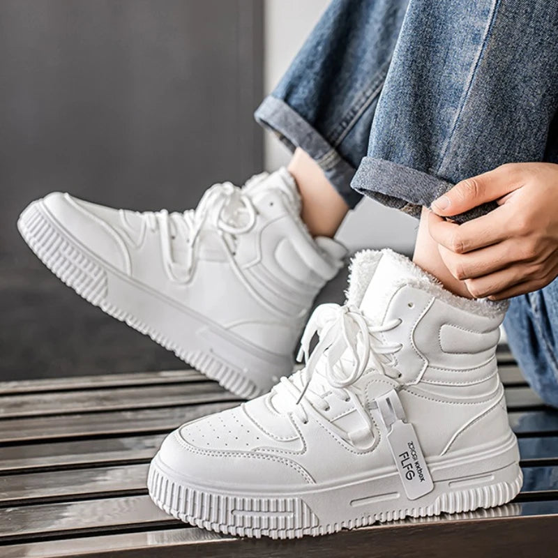 Plush Men's Shoes High Top Couple Sneakers Leather Womens Platform Shoes Comfortable Outdoor Men Running Shoes Breathable New