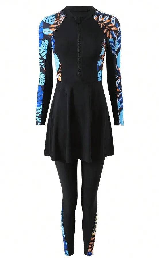 Burkini Femmes Swimwear Long Sleeve Black Tunic Swimsuit Full Leggings Front Zipper Swimming Suit Sun Protection Two Piece