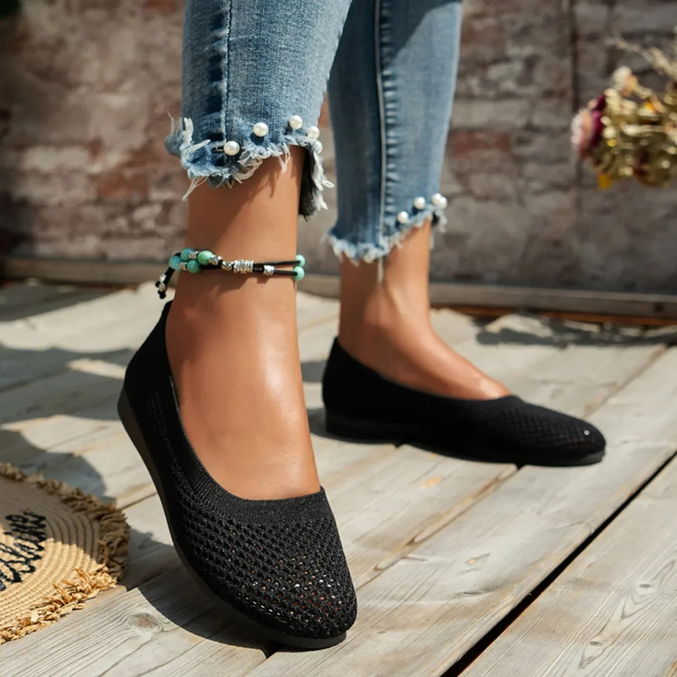 Women Round Toe Flat Shoes Solid Color Knitted Slip on Shoes Casual Breathable Ballet Flats Women Mesh Flat Shoes Loafers Woman