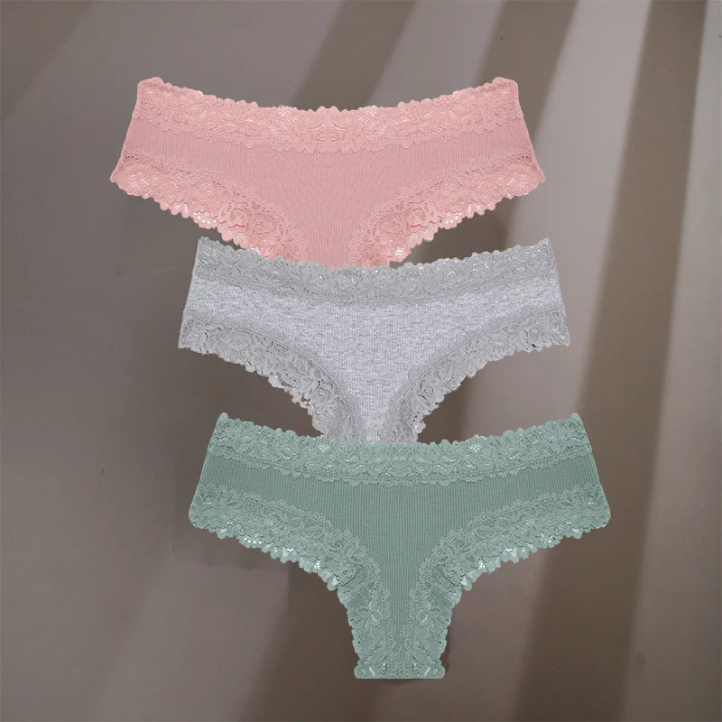 3Pcs/Set Sexy Lace Briefs Cotton Panties Women's Fashion 7 Solid Color Comfortable Briefs Low Waist Underpants Stretch Underwear