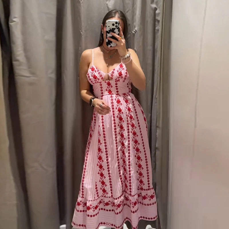 Fashion Women's Dress Halter Sleeveless Hollow Out Print Female Dresses 2026 Summer Vacation Holiday Beach Chic Sexy Lady Robe