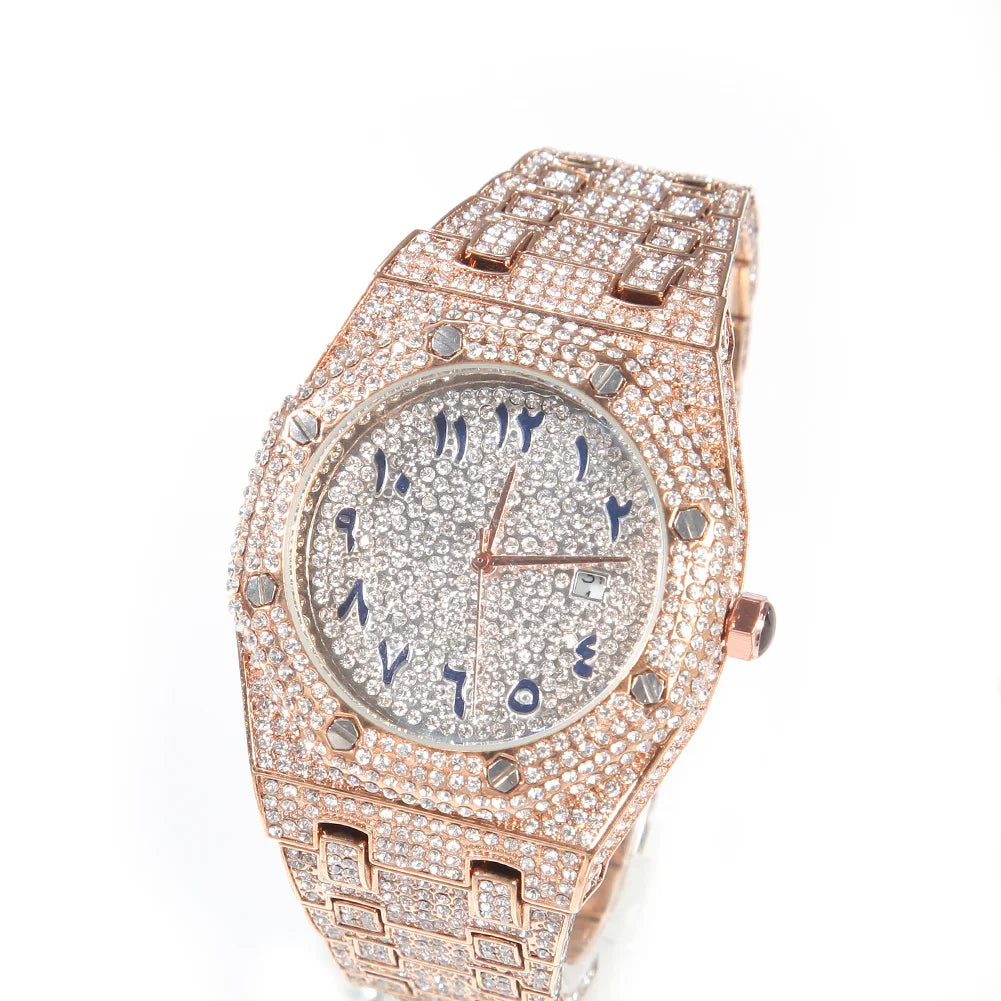 UWIN Hip Hop Stainless Steel Wristwatches for Men Full Iced Out Stones Fashion Luxury Zircon Quartz Square Watches for Gift