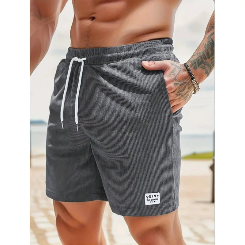 Men's Workwear Shorts Summer Casual Corduroy Loose Elastic Waist Multi-Pocket Leisure Pants Embroidery Retro Style Male Trousers