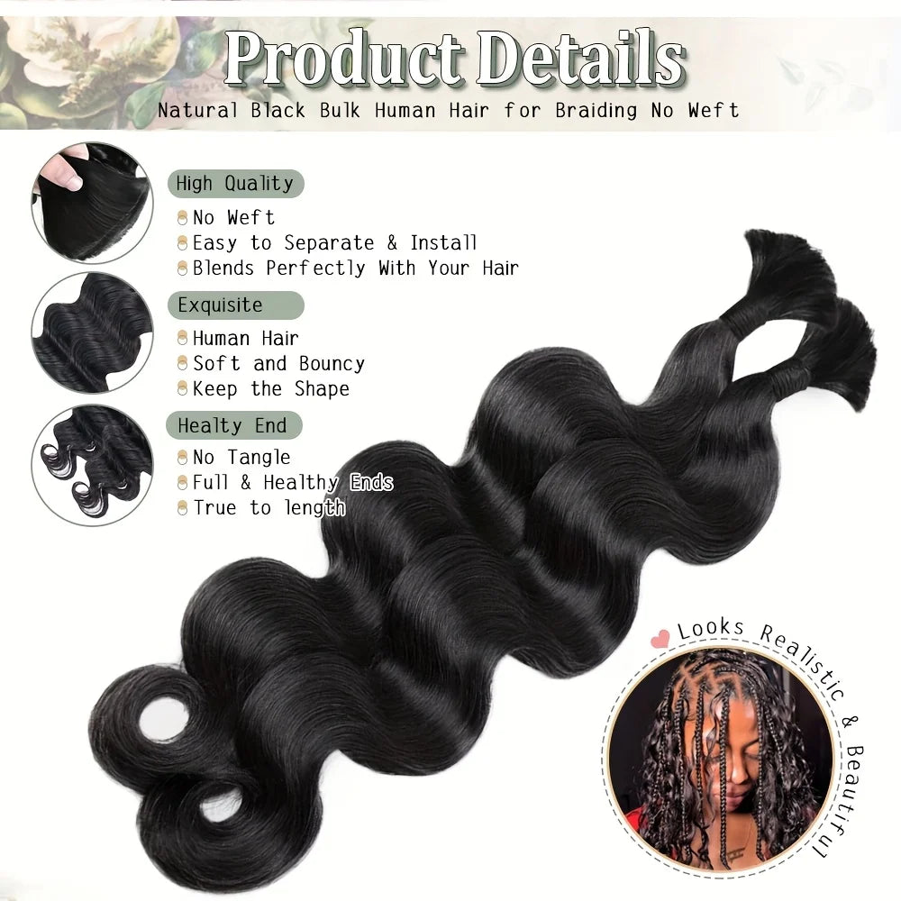 12A Body Wave Bulk Human Hair No Weft Unprocessed Virgin Remy Hair Soft Bouncy For Boho Braids DIY Styling Natural Black Raw Hair Extension 55g/1pack